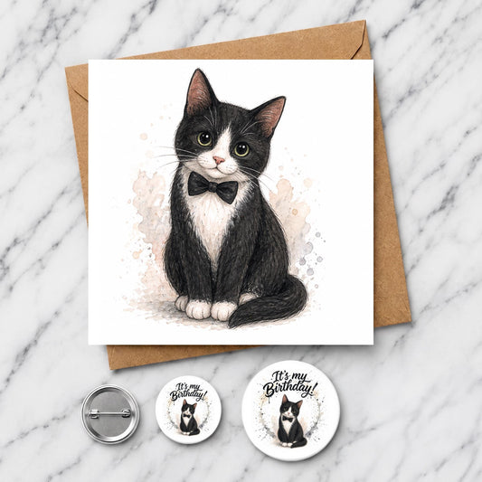 Tuxedo Cat Birthday Card | Watercolour Illustration