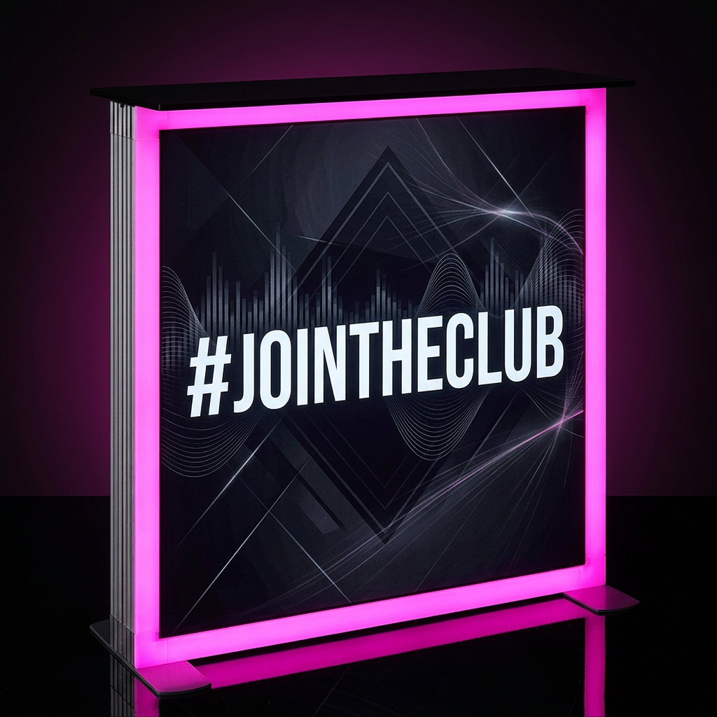 A freestanding rectangular LED light box sign with a glowing pink border and a dark graphic background featuring the text '#JOINTHECLUB' in large white letters.