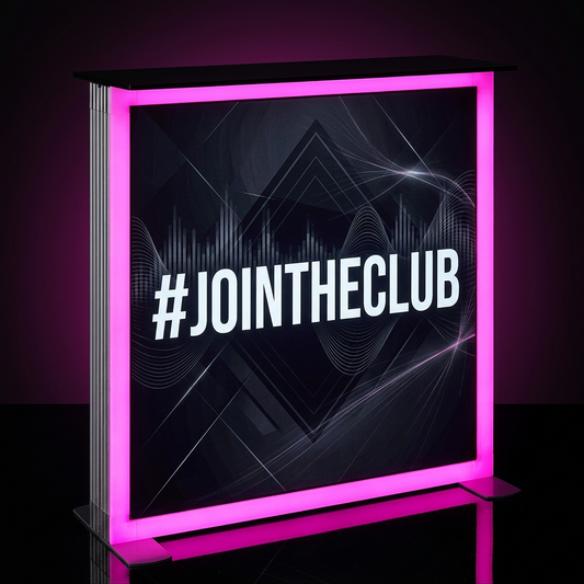 A freestanding rectangular LED light box sign with a glowing pink border and a dark graphic background featuring the text '#JOINTHECLUB' in large white letters.