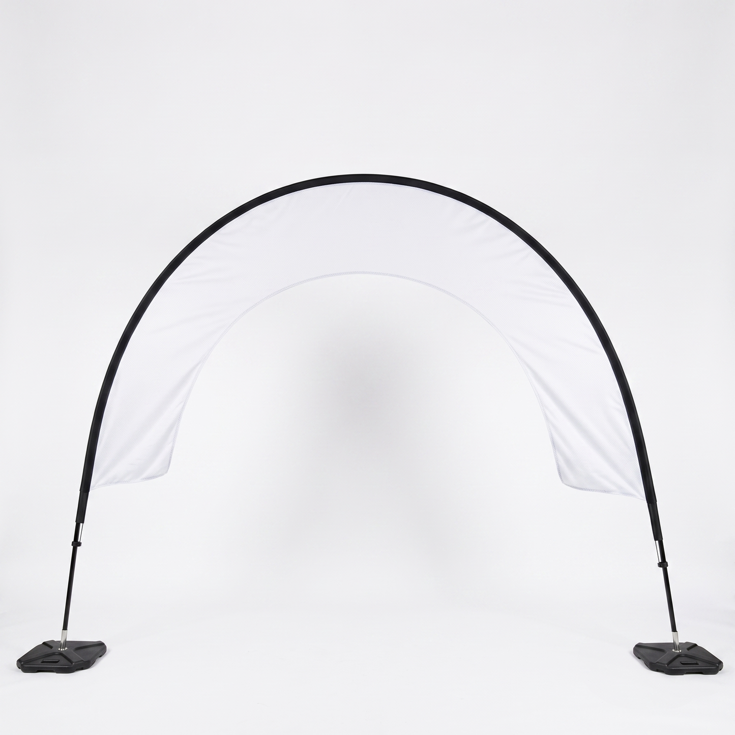 Blank large open-centre custom event arch showing the printable fabric area, poles and weighted bases.