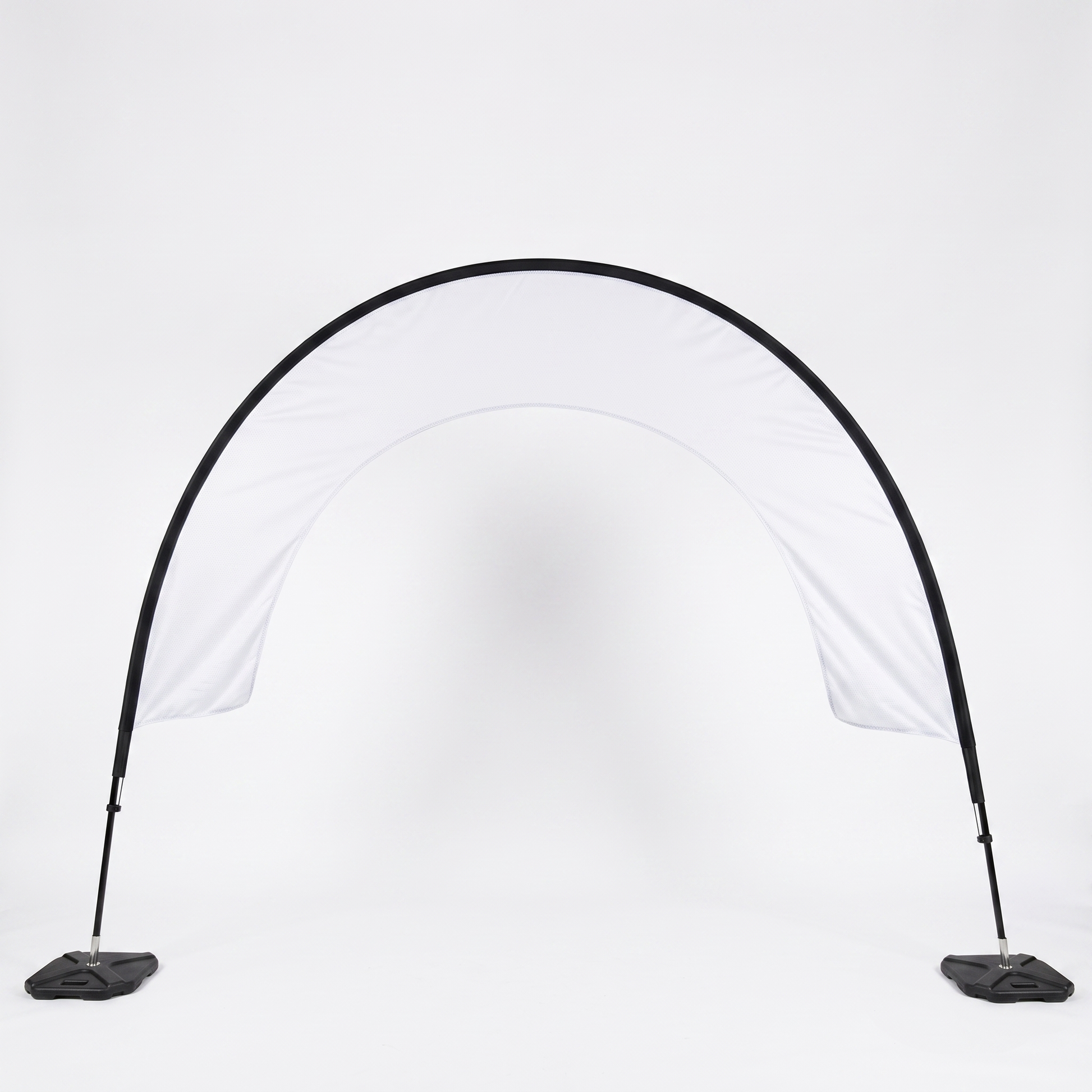 Blank large open-centre custom event arch showing the printable fabric area, poles and weighted bases.