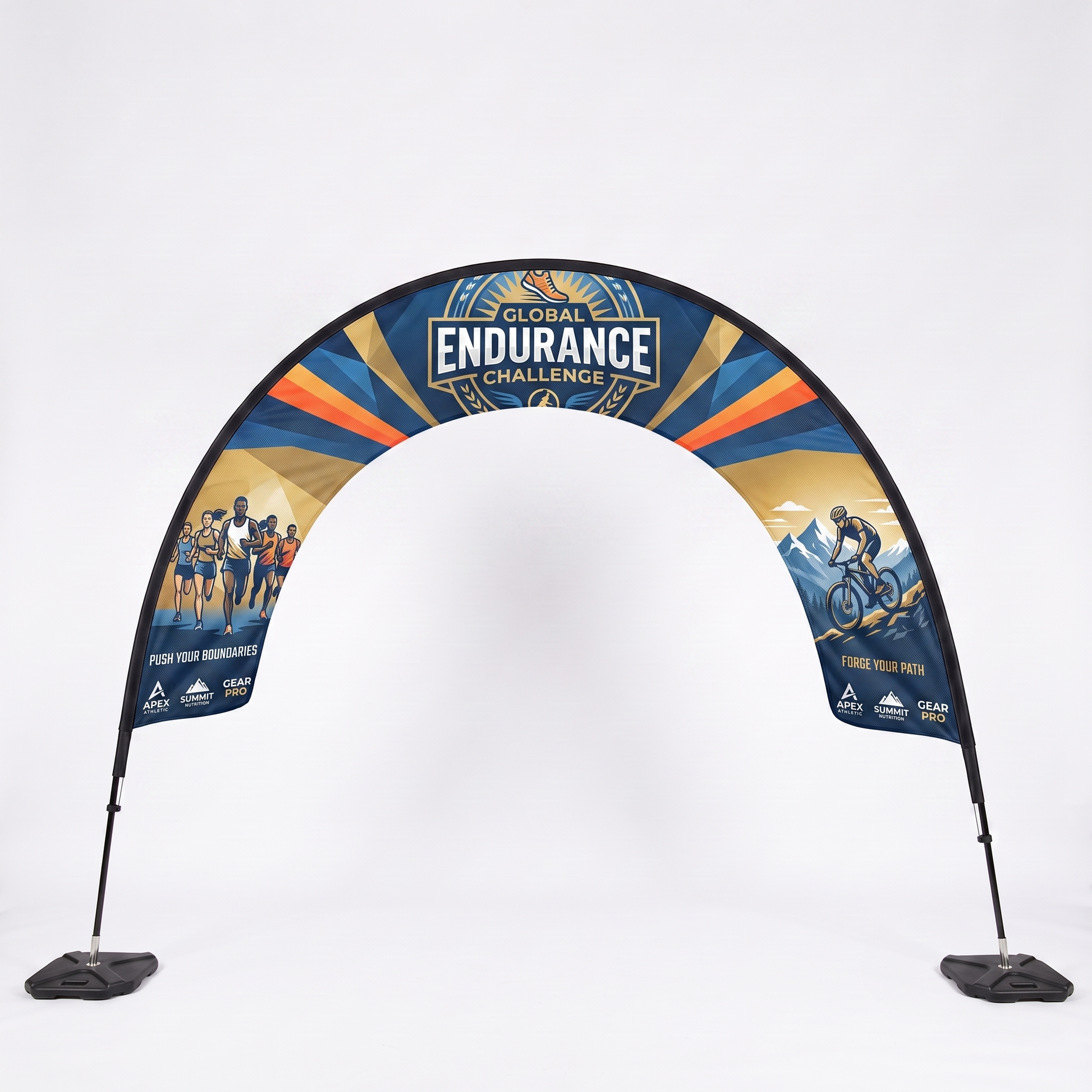 Large custom printed open-centre event arch with blue and gold endurance running and cycling artwork.