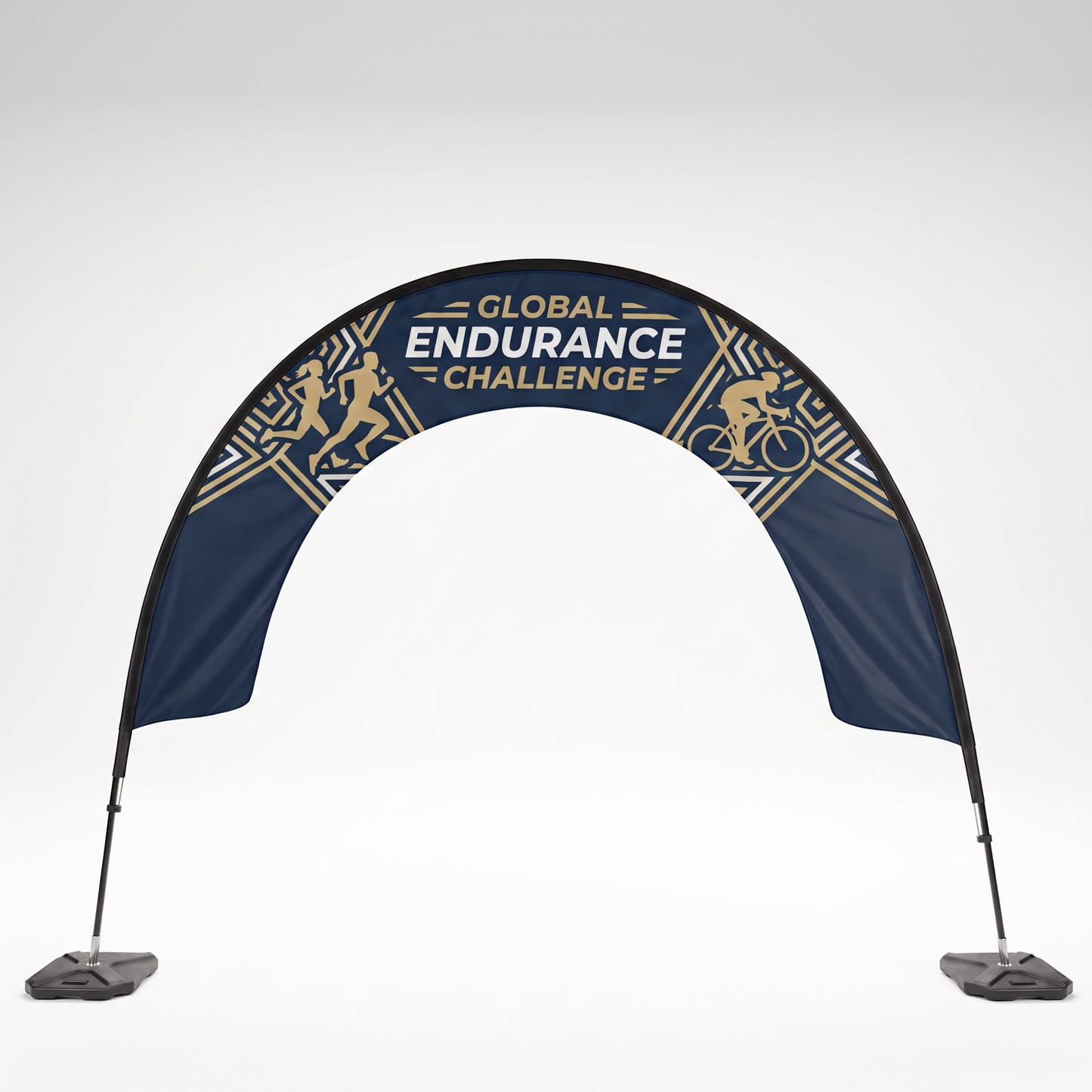 Large custom printed open-centre event arch with navy and gold running and cycling graphics.