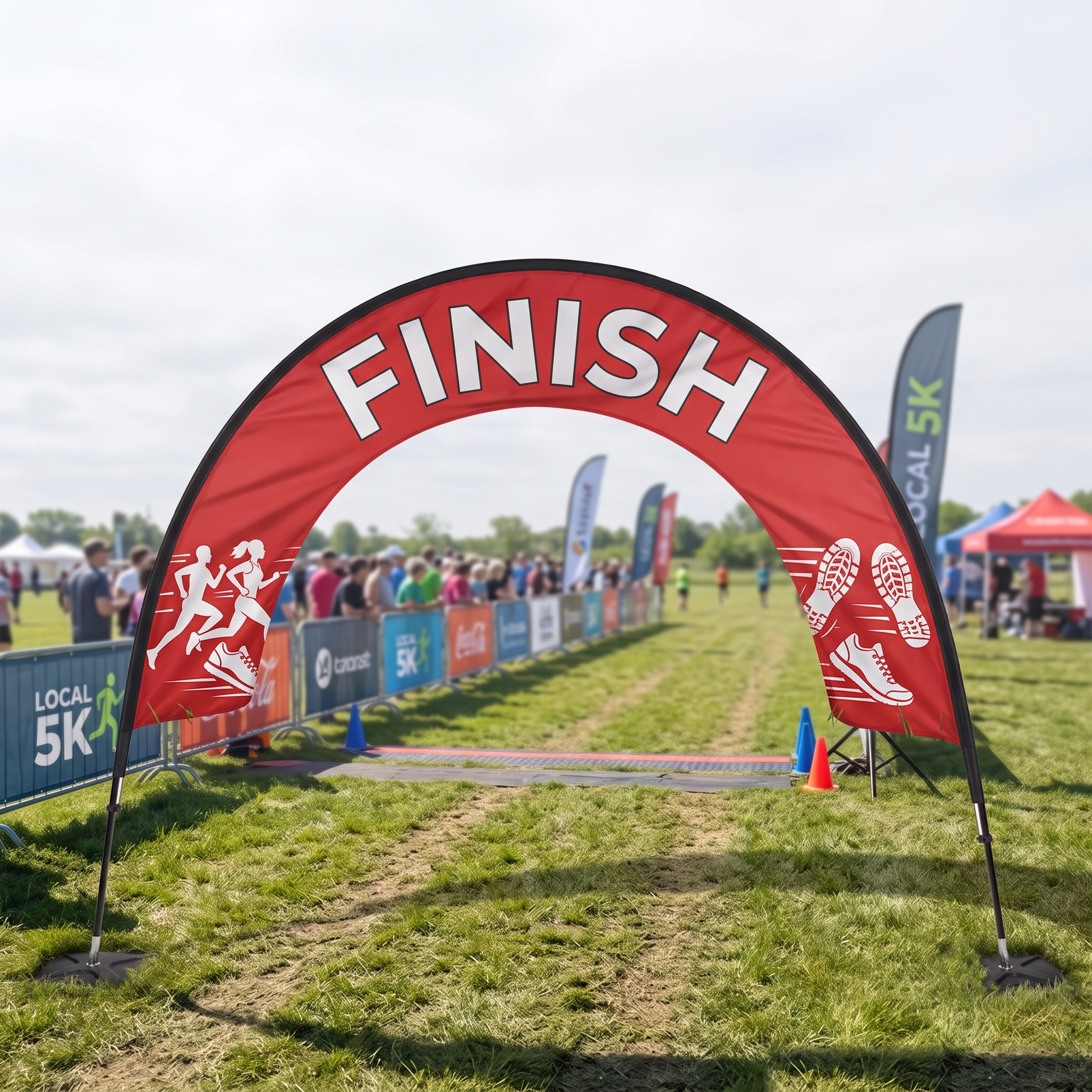 Large red custom printed finish line event arch at an outdoor 5K running race with barriers, flags and event tents.