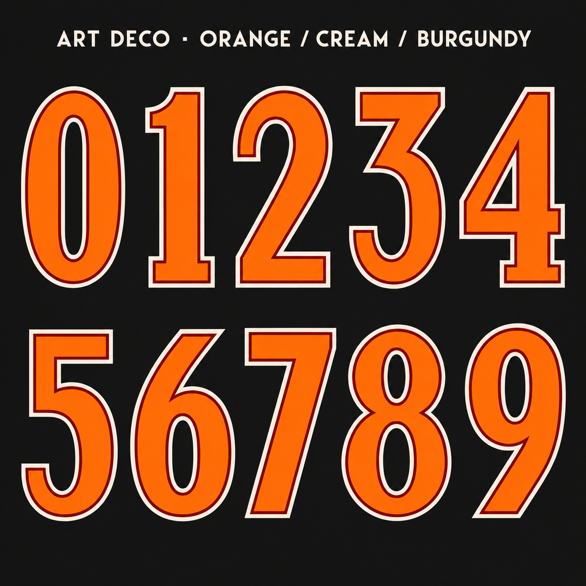 Art Deco number sticker range 0–9 in Orange / Cream / Burgundy
