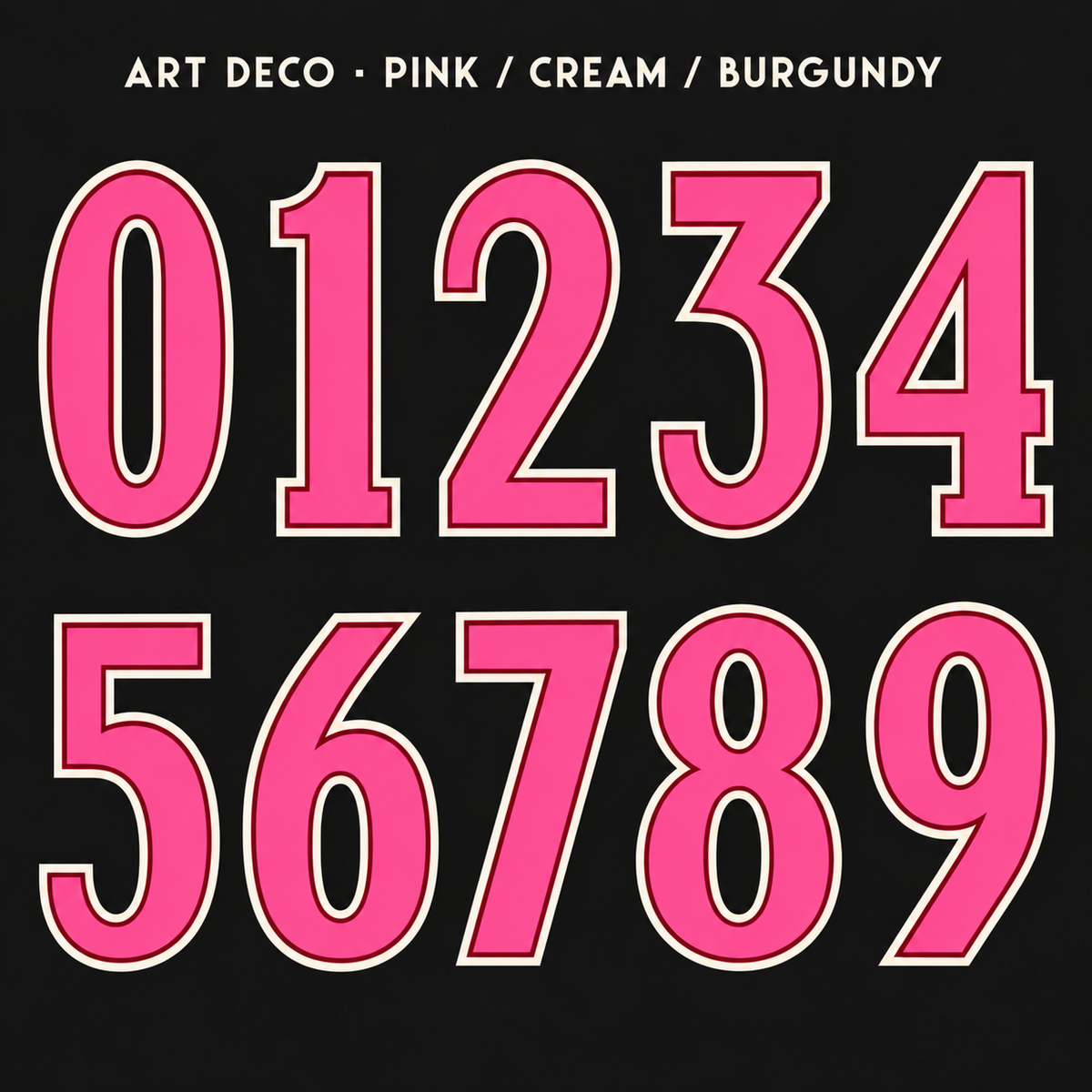 Art Deco number sticker range 0–9 in Pink / Cream / Burgundy