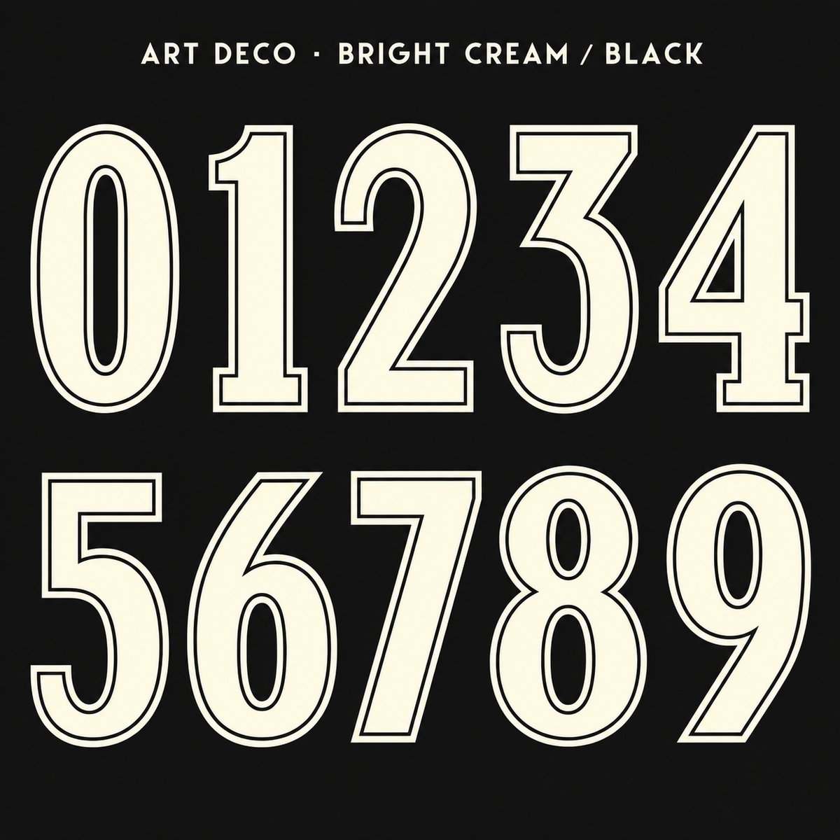 Art Deco number sticker range 0–9 in Bright Cream / Black