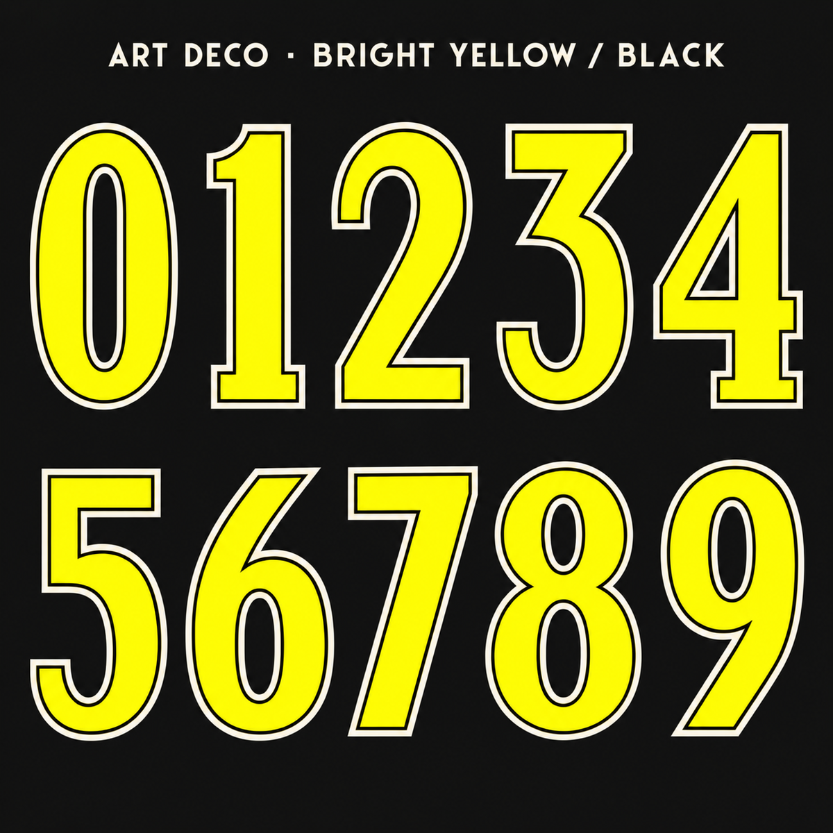 Art Deco number sticker range 0–9 in Bright Yellow / Black