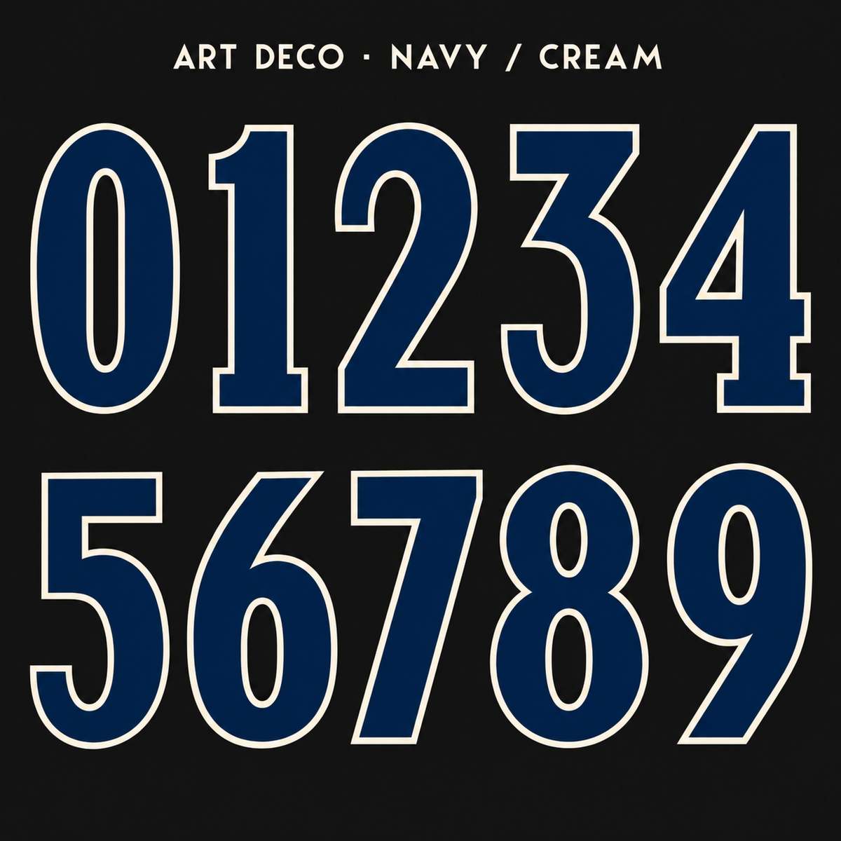 Art Deco number sticker range 0–9 in Navy / Cream