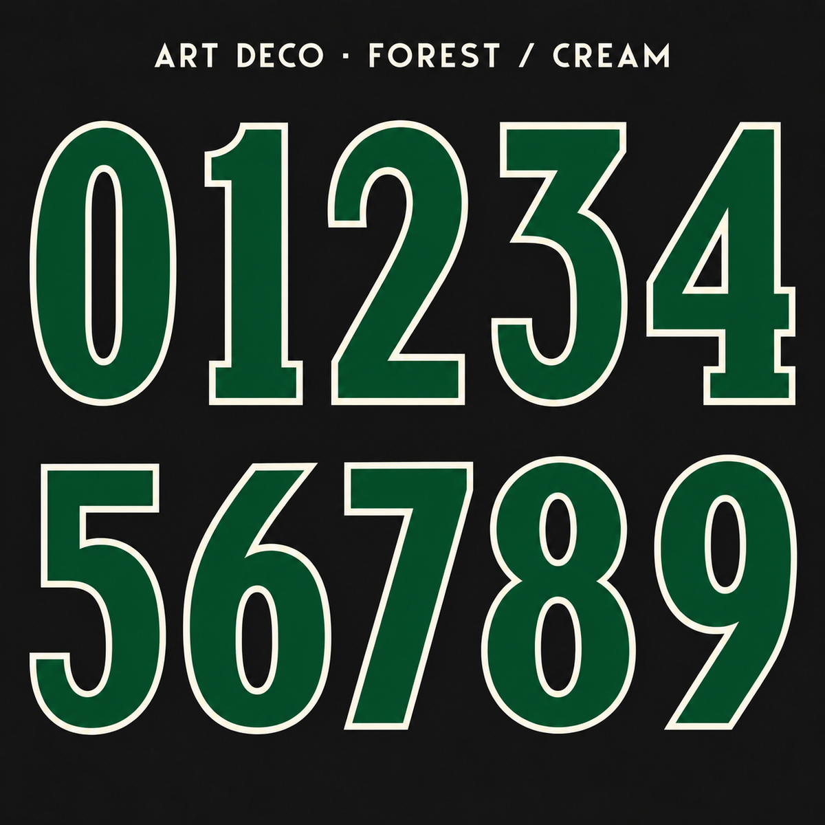 Art Deco number sticker range 0–9 in Forest / Cream