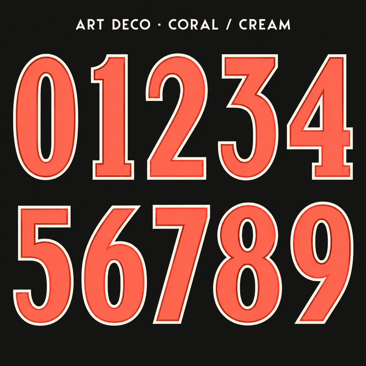 Art Deco number sticker range 0–9 in Coral / Cream