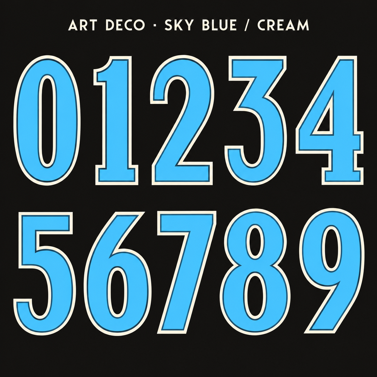Art Deco number sticker range 0–9 in Sky Blue / Cream