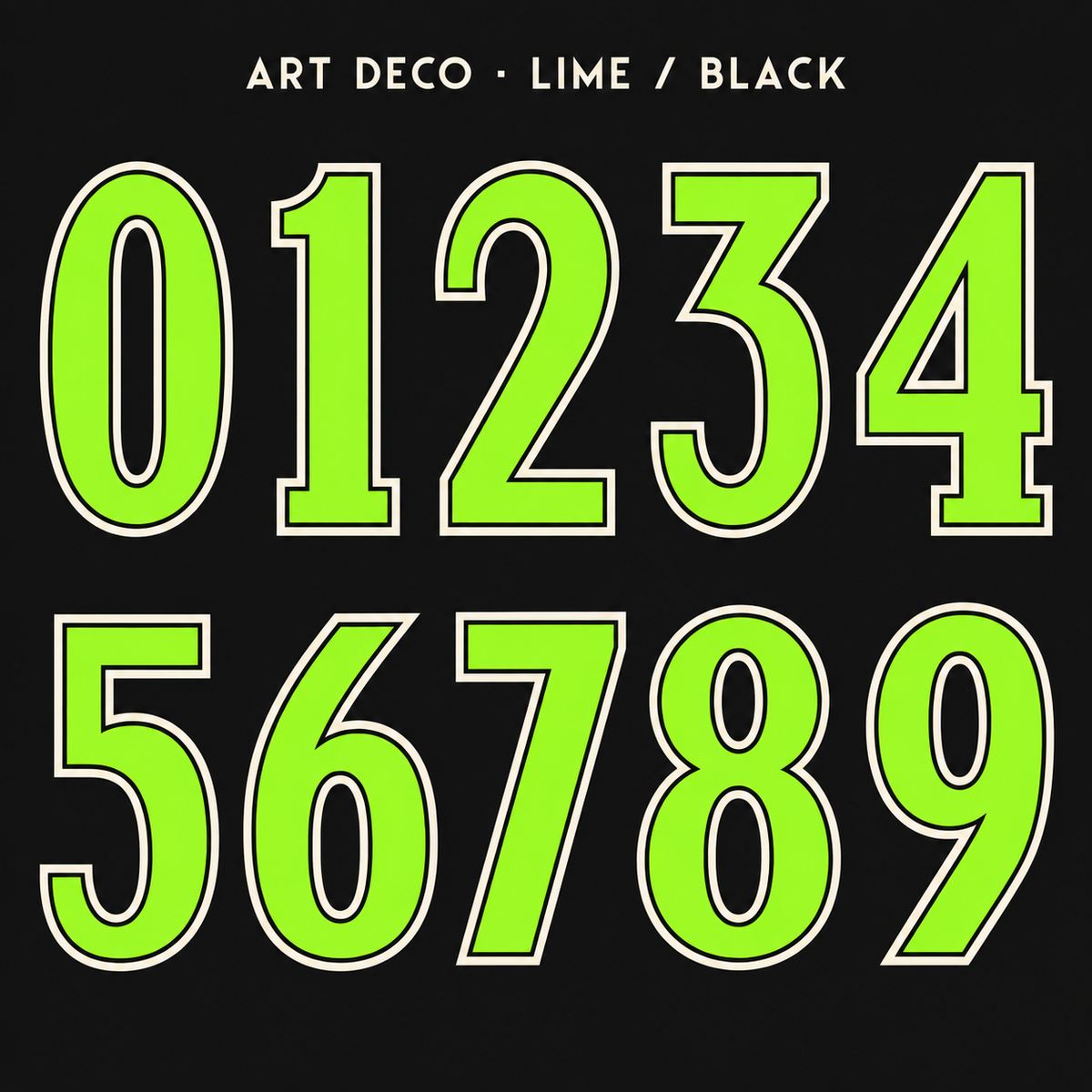 Art Deco number sticker range 0–9 in Lime / Black