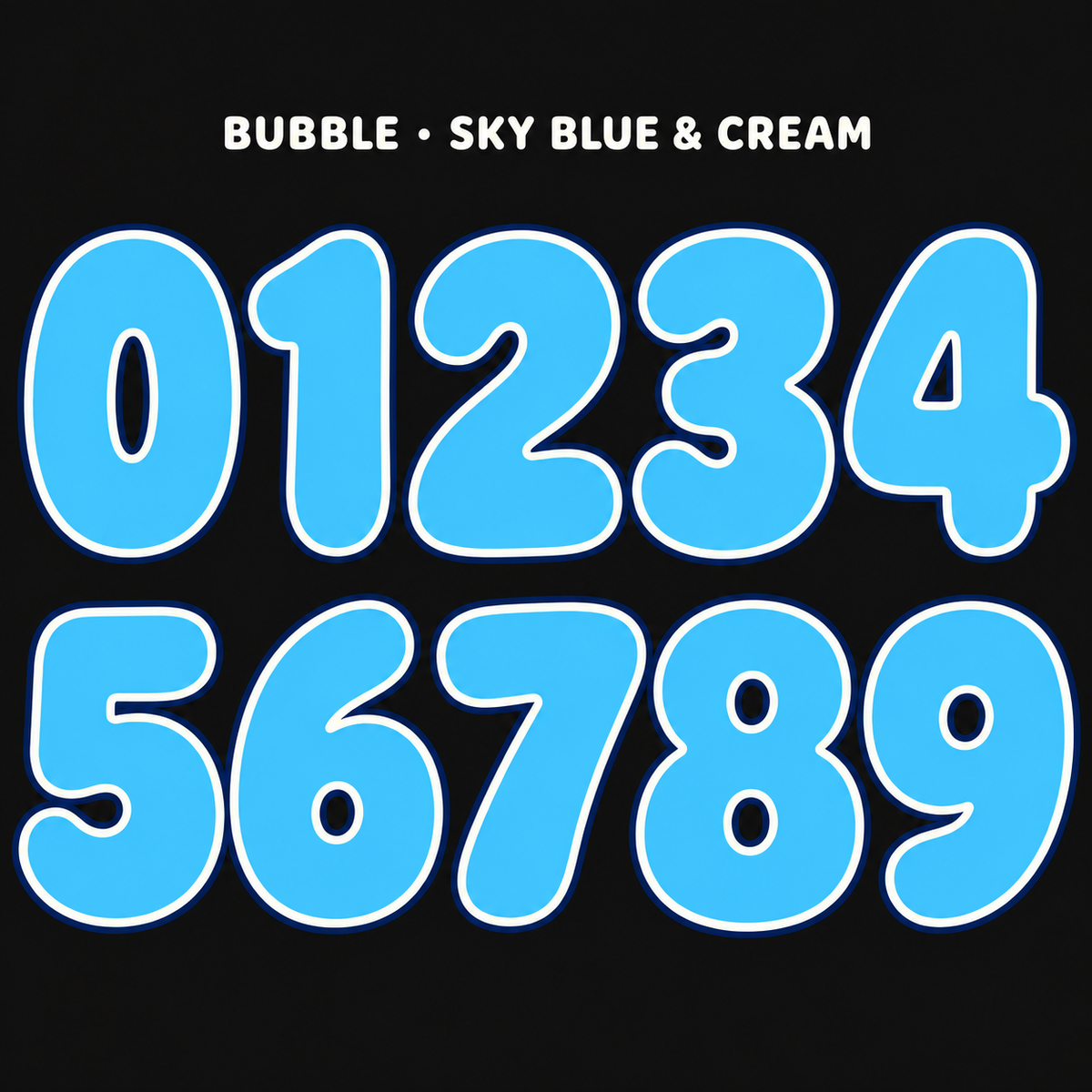 Bubble number sticker range 0–9 in Sky Blue / Cream