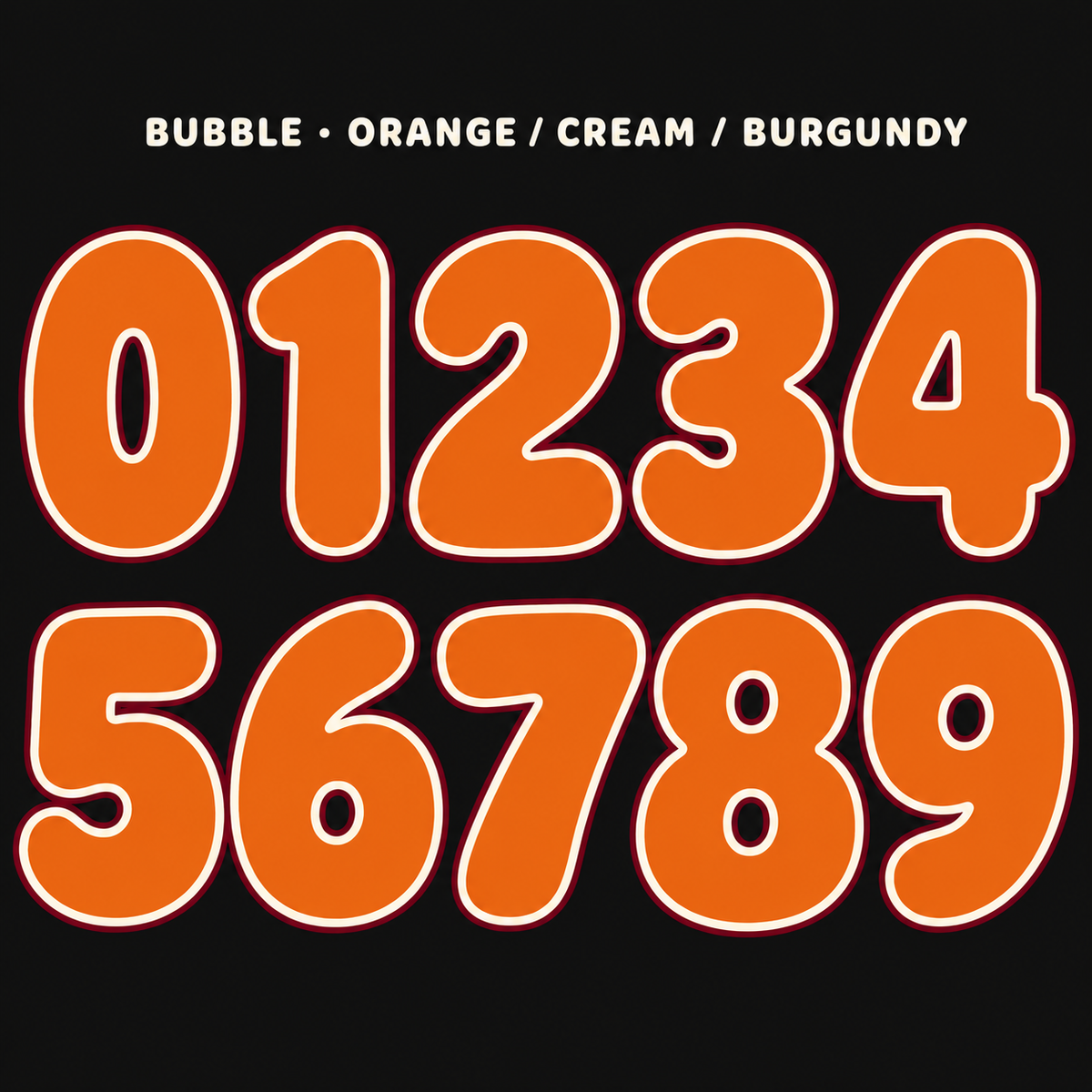 Bubble number sticker range 0–9 in Orange / Cream / Burgundy