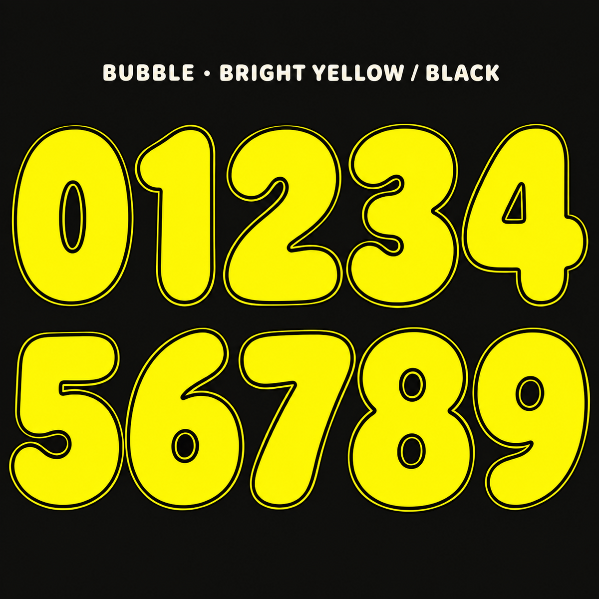 Bubble number sticker range 0–9 in Bright Yellow / Black