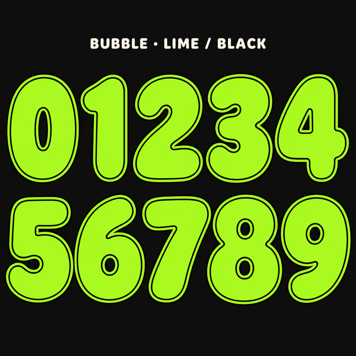 Bubble number sticker range 0–9 in Lime / Black