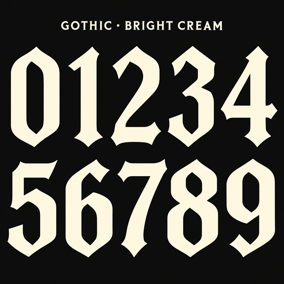 Gothic number stickers 0–9 in Bright Cream / Black; complete design range preview