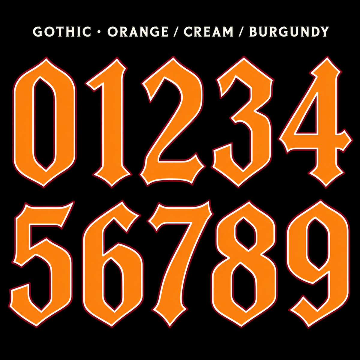 Clean Gothic number sticker range 0–9 in Orange / Cream / Burgundy