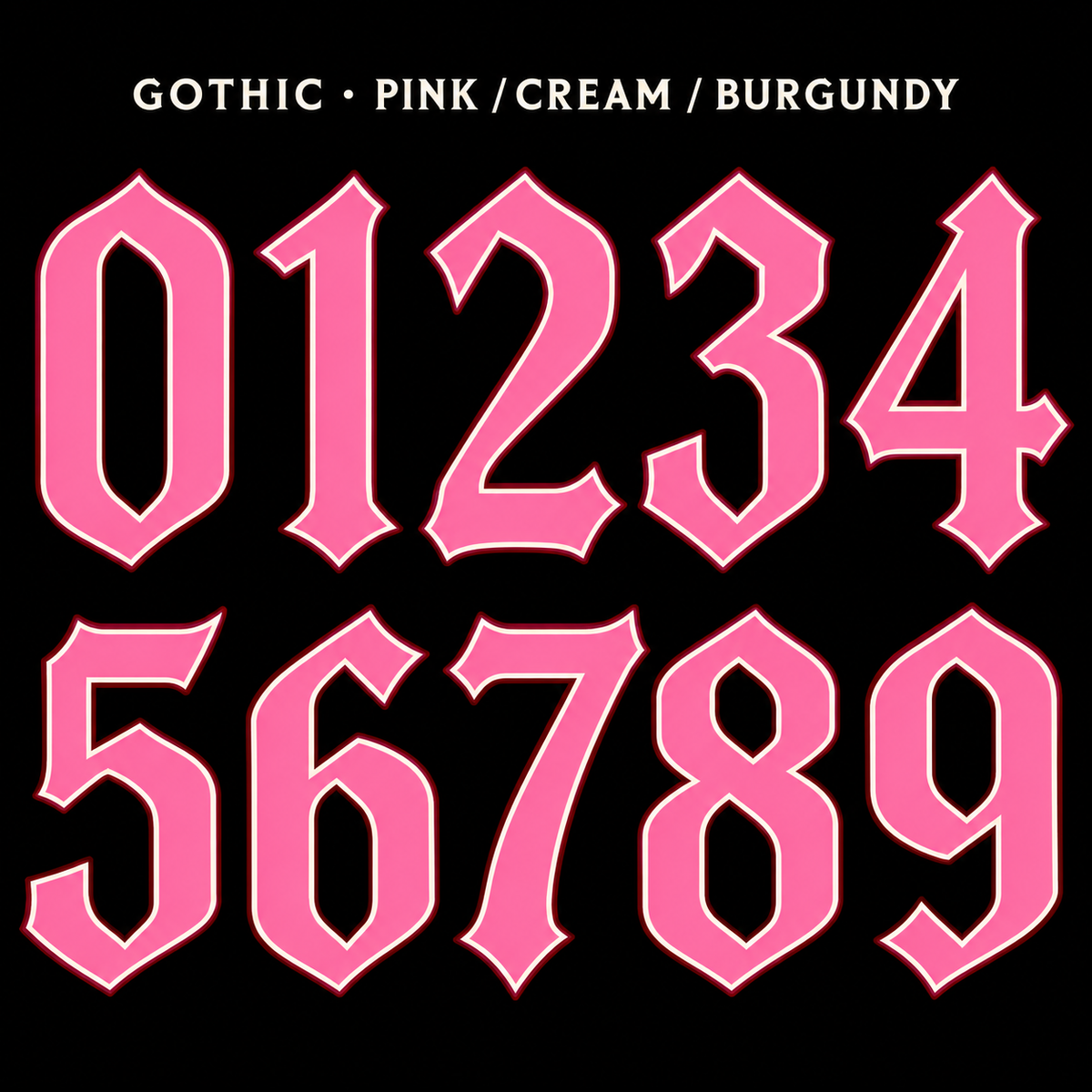 Clean Gothic number sticker range 0–9 in Pink / Cream / Burgundy