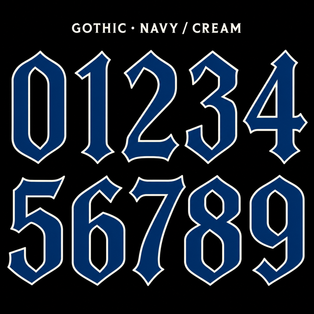 Clean Gothic number sticker range 0–9 in Navy / Cream