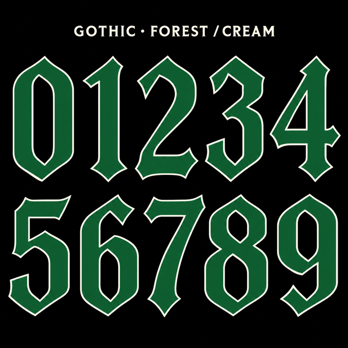 Clean Gothic number sticker range 0–9 in Forest / Cream