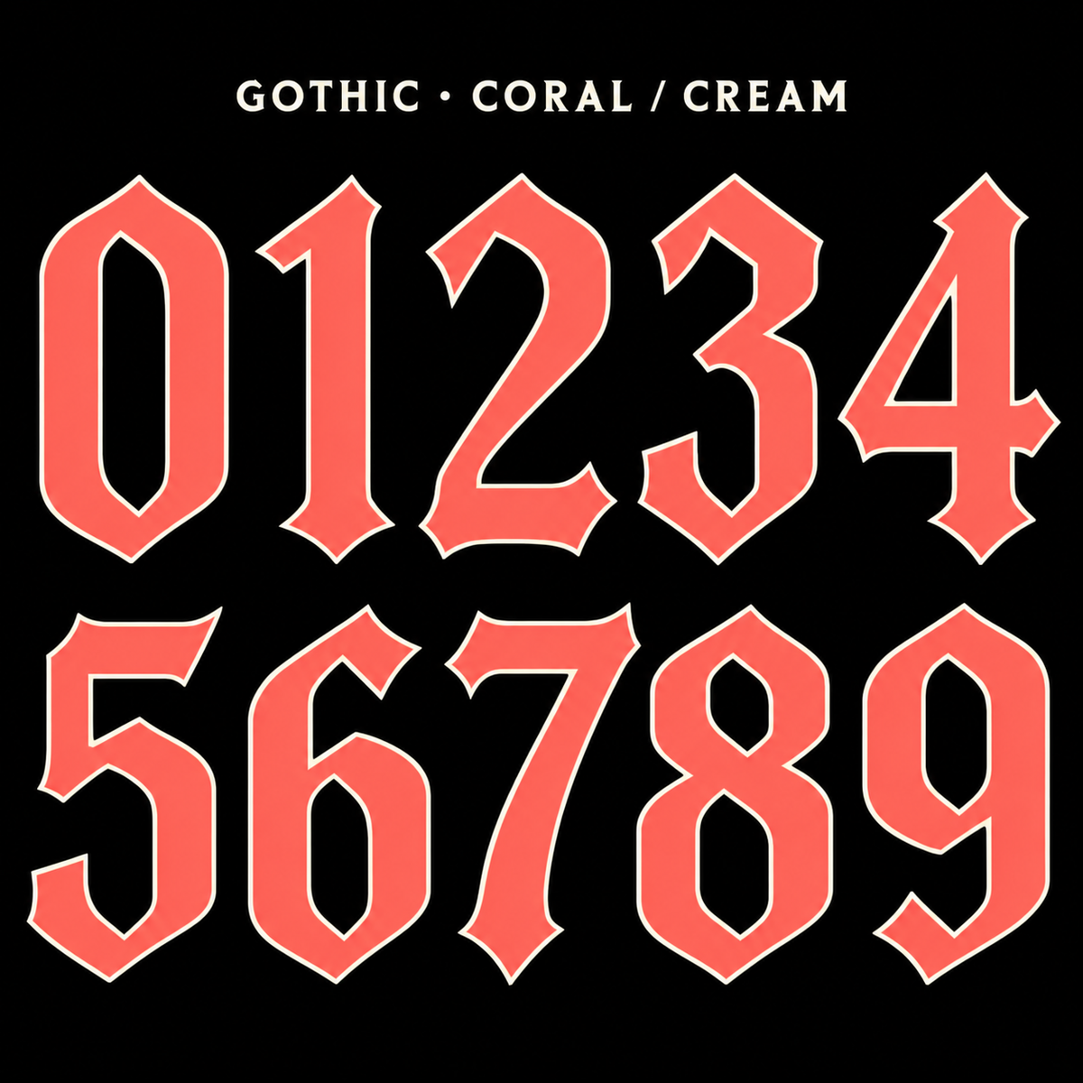 Clean Gothic number sticker range 0–9 in Coral / Cream