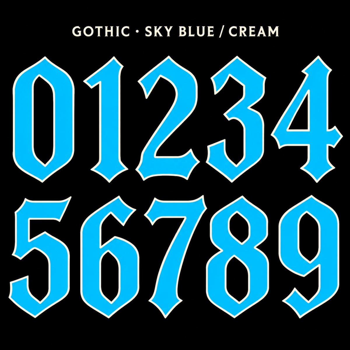 Clean Gothic number sticker range 0–9 in Sky Blue / Cream