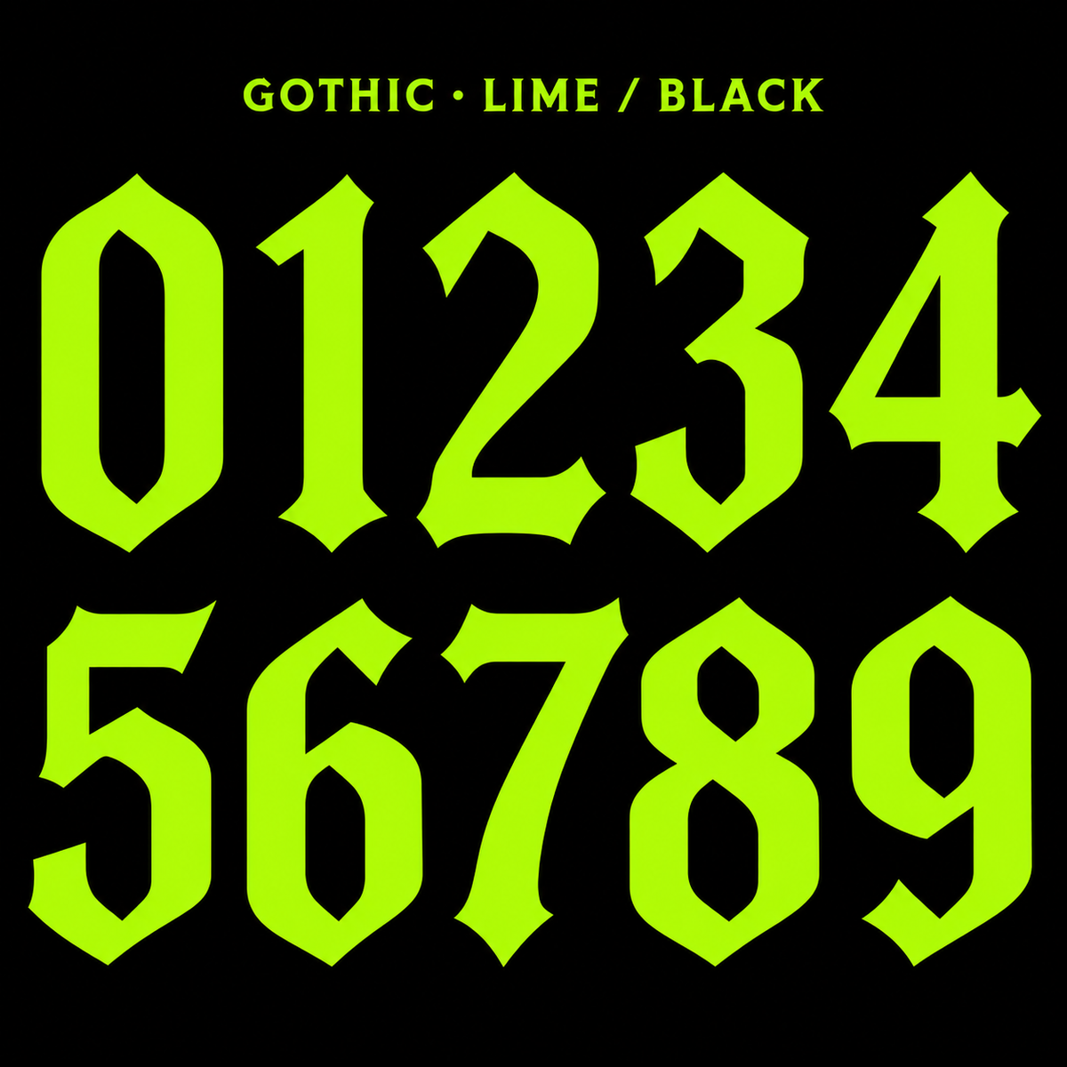 Clean Gothic number sticker range 0–9 in Lime / Black