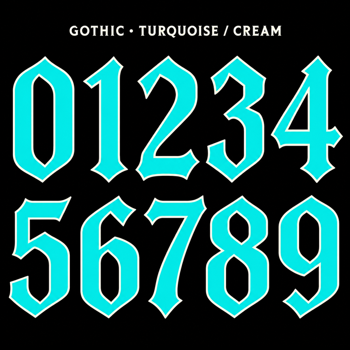 Clean Gothic number sticker range 0–9 in Turquoise / Cream