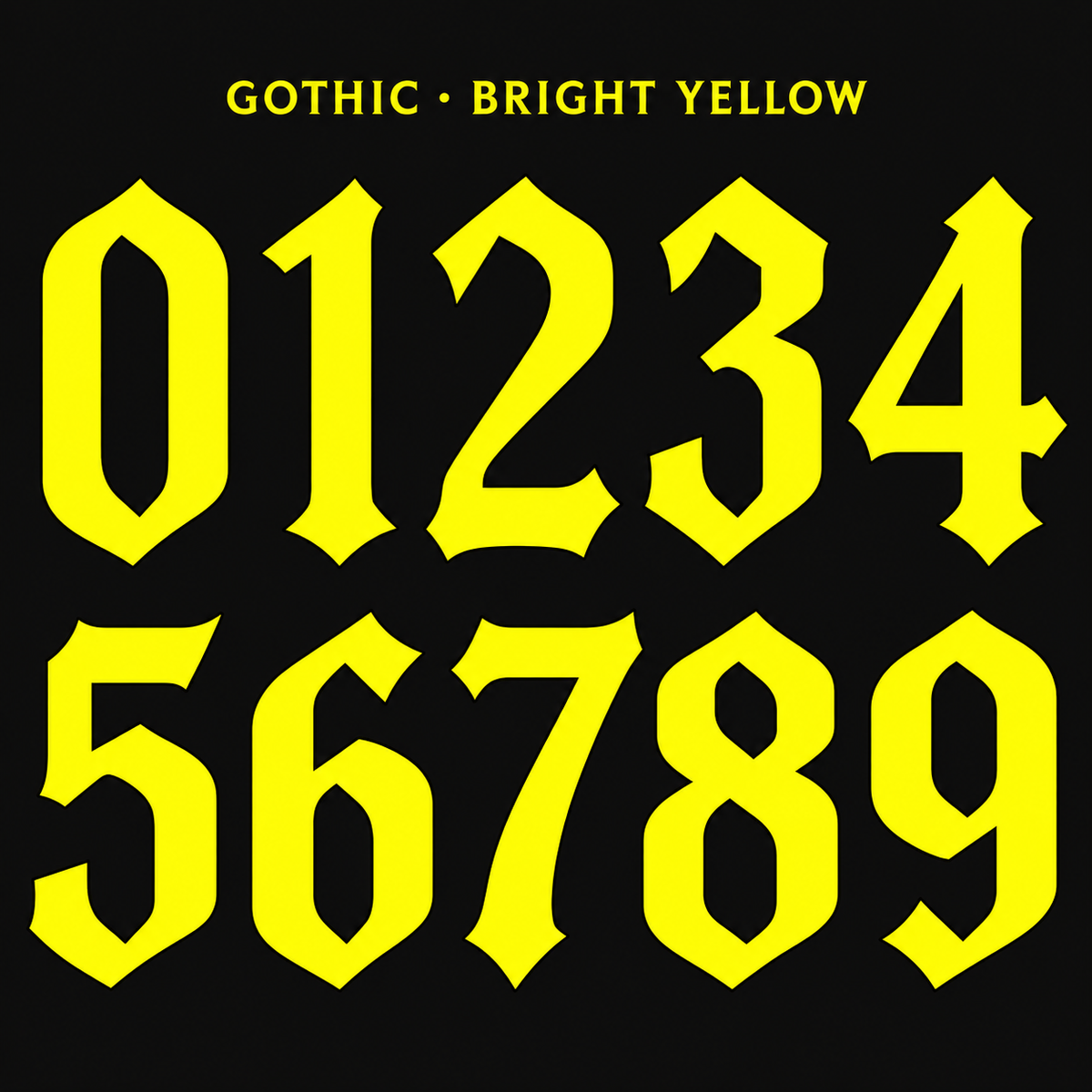 Gothic number stickers 0–9 in Bright Yellow / Black; complete design range preview