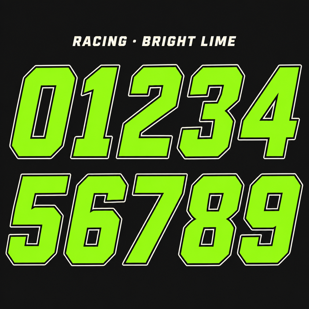Racing number sticker range 0–9 in Lime / Black