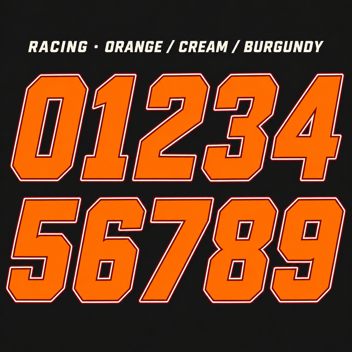 Racing number sticker range 0–9 in Orange / Cream / Burgundy