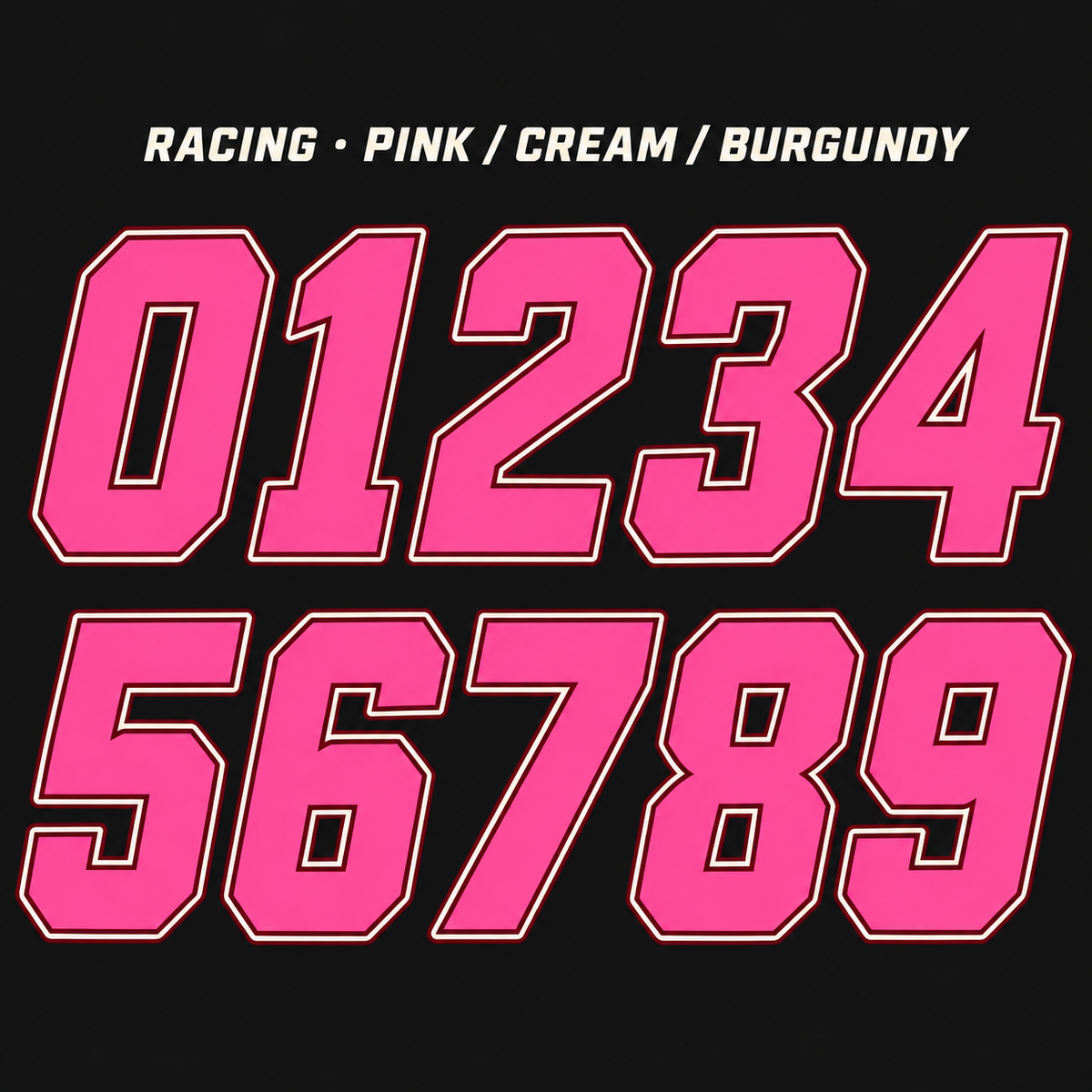 Racing number sticker range 0–9 in Pink / Cream / Burgundy