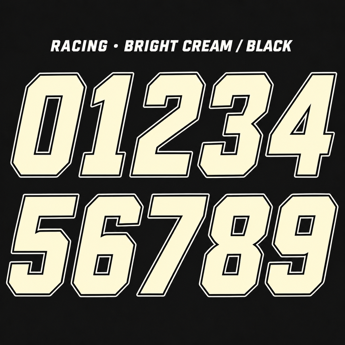 Racing number sticker range 0–9 in Bright Cream / Black