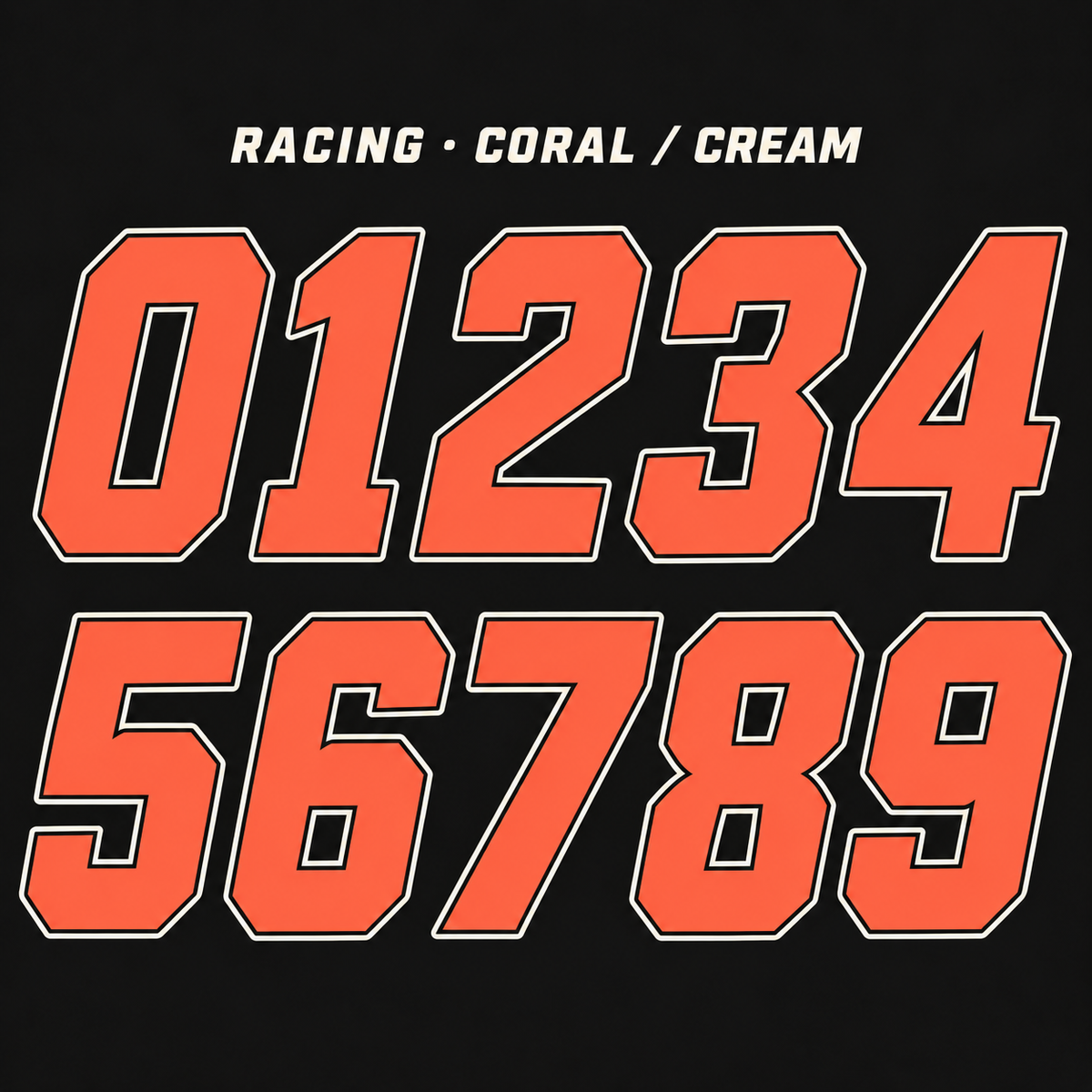 Racing number sticker range 0–9 in Coral / Cream