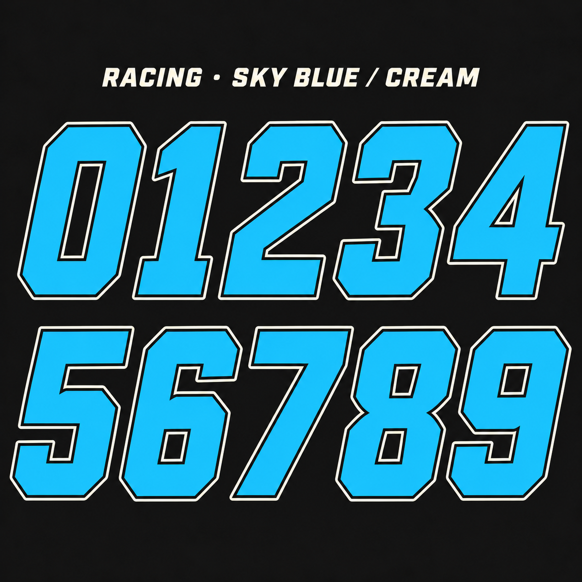 Racing number sticker range 0–9 in Sky Blue / Cream