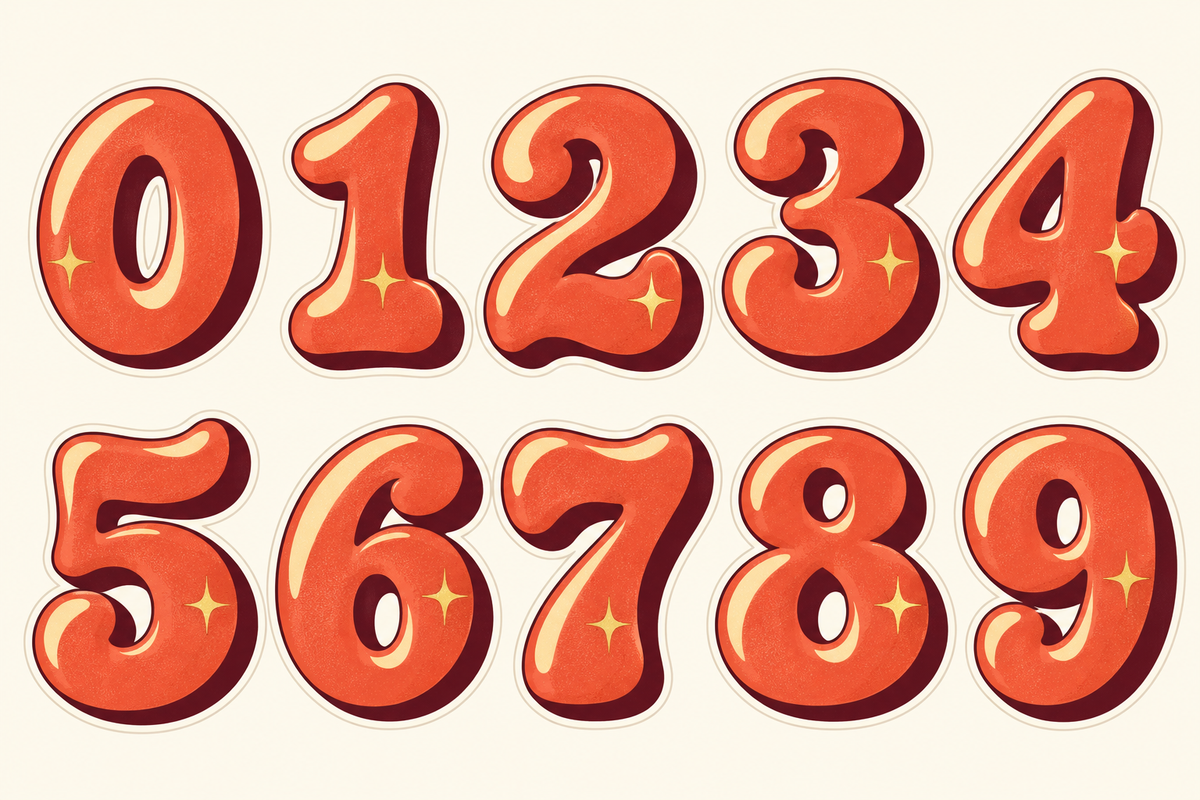 Retro number stickers 0–9 in Orange / Cream / Burgundy; complete design range preview