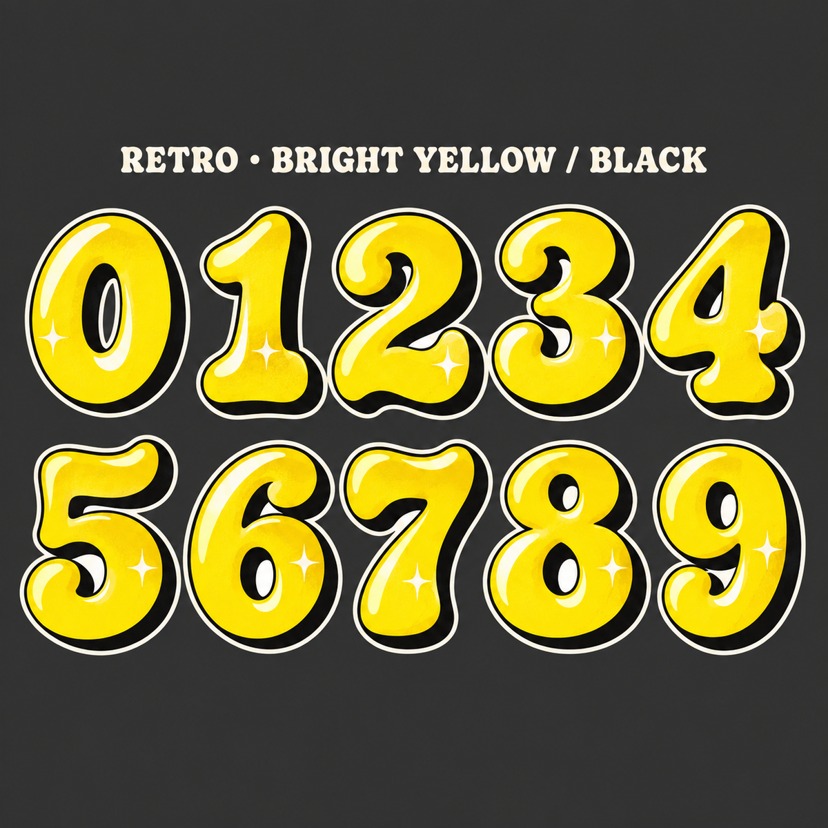 Retro number sticker range 0–9 in Bright Yellow / Black