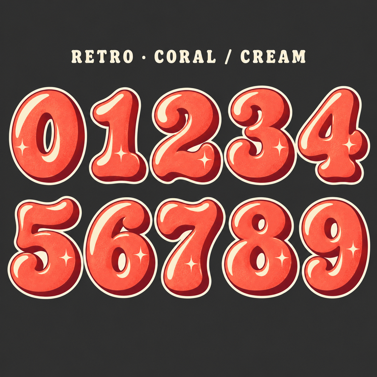 Retro number sticker range 0–9 in Coral / Cream