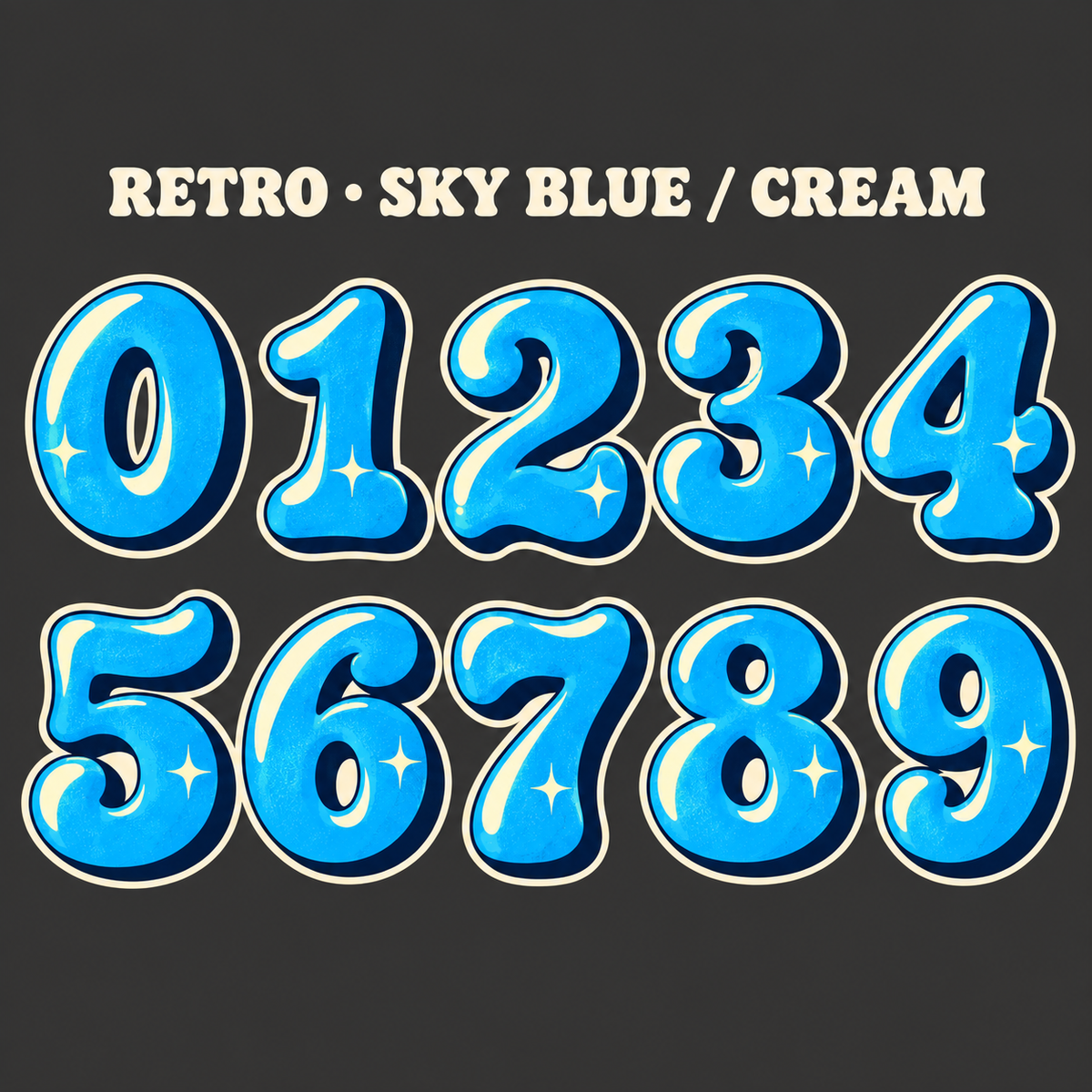 Retro number sticker range 0–9 in Sky Blue / Cream
