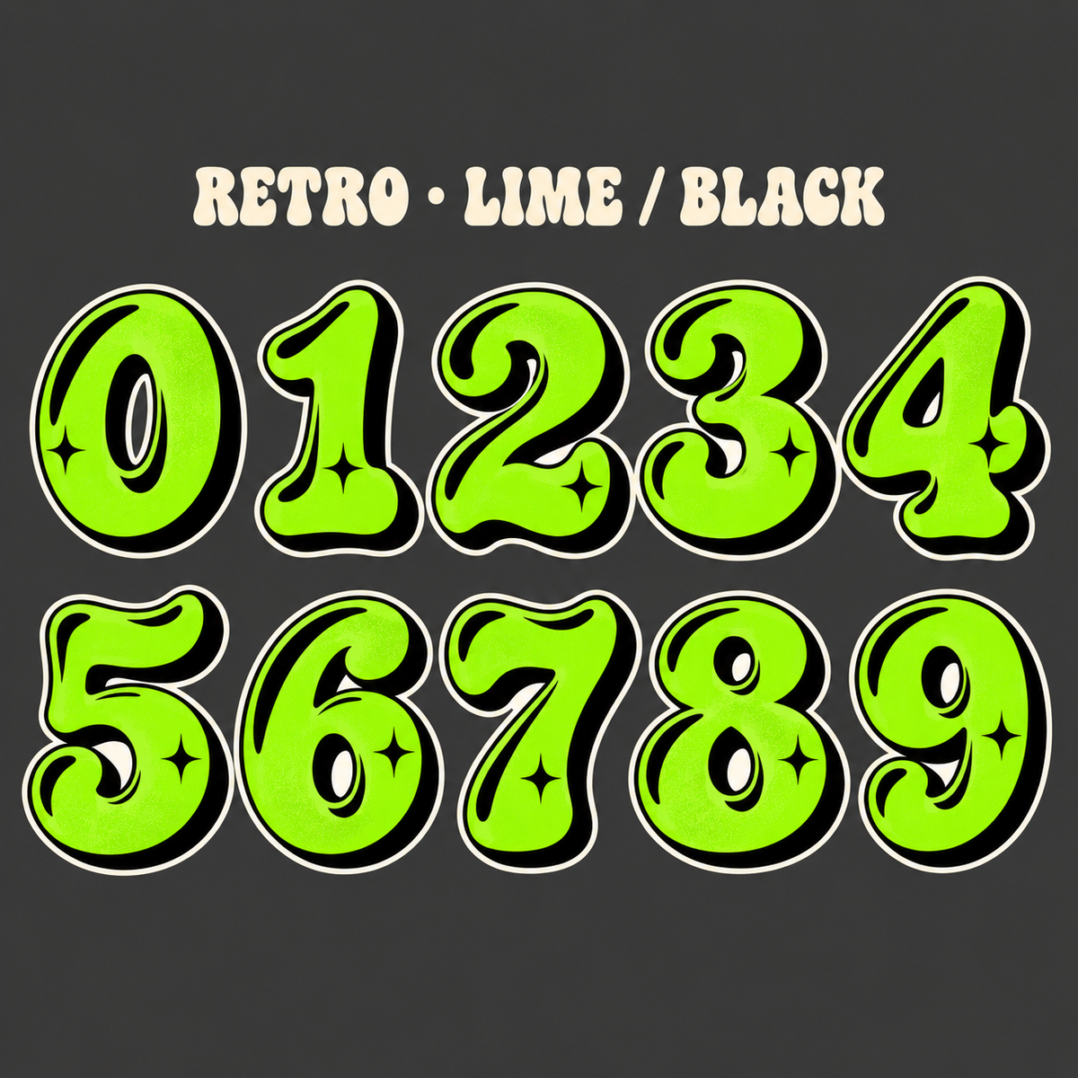 Retro number sticker range 0–9 in Lime / Black