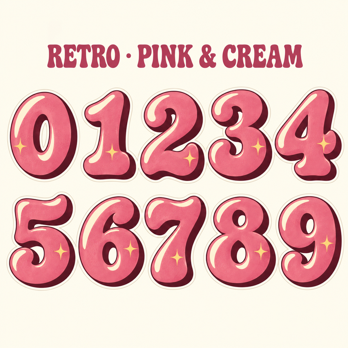 Retro number stickers 0–9 in Pink / Cream / Burgundy; complete design range preview