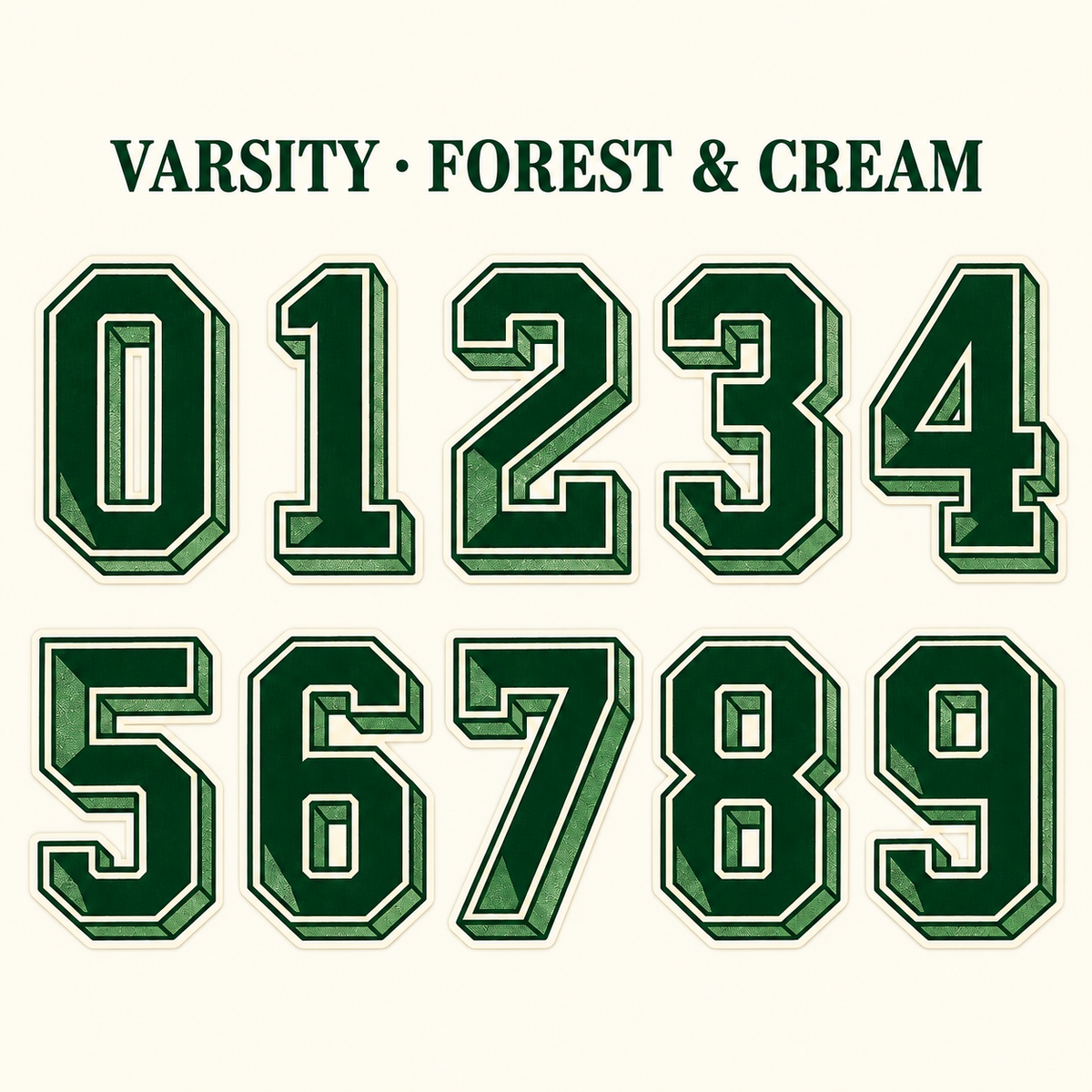 Varsity number stickers 0–9 in Forest / Cream; complete design range preview