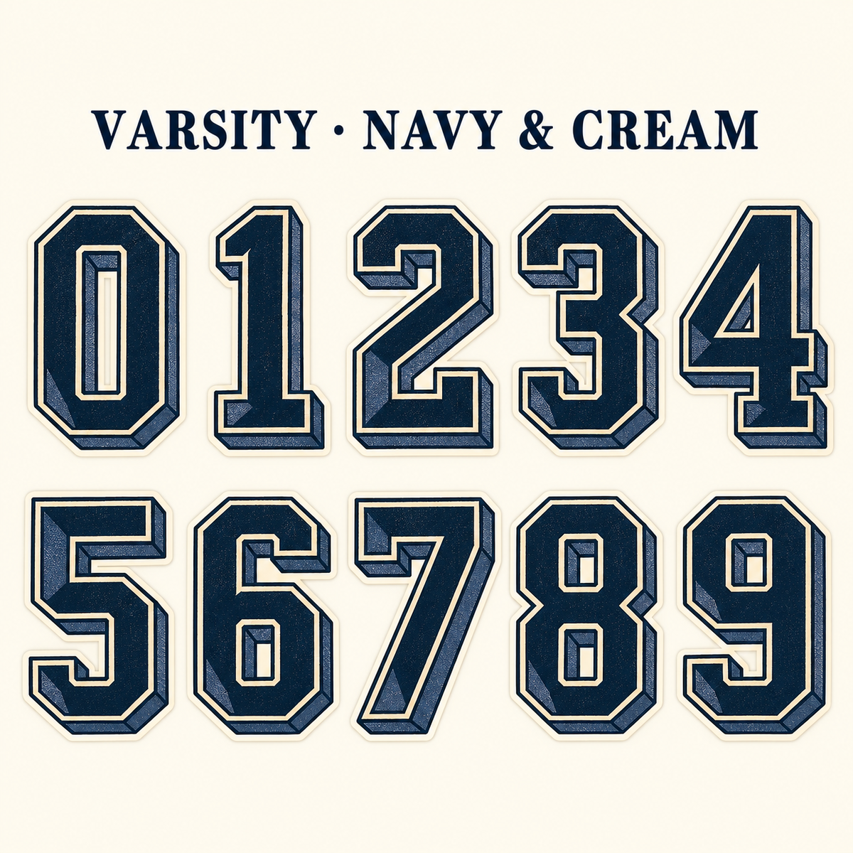 Varsity number stickers 0–9 in Navy / Cream; complete design range preview