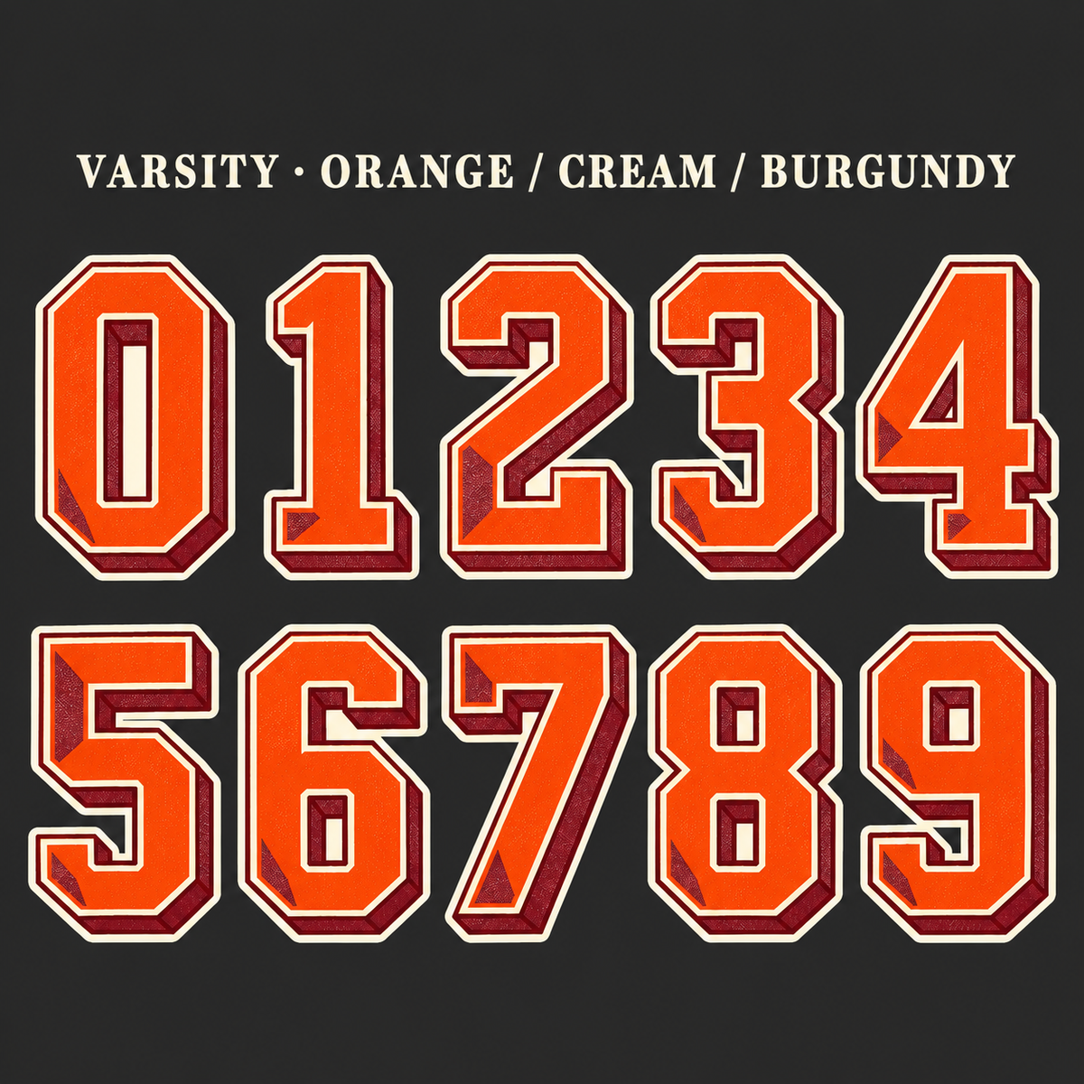 Varsity number sticker range 0–9 in Orange / Cream / Burgundy