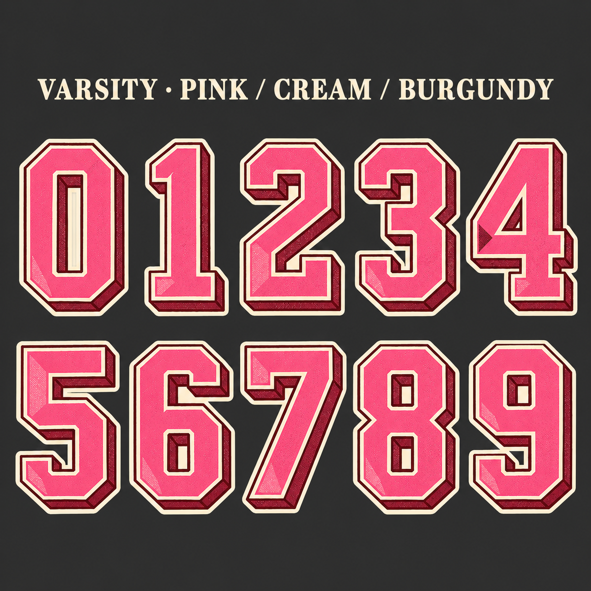 Varsity number sticker range 0–9 in Pink / Cream / Burgundy
