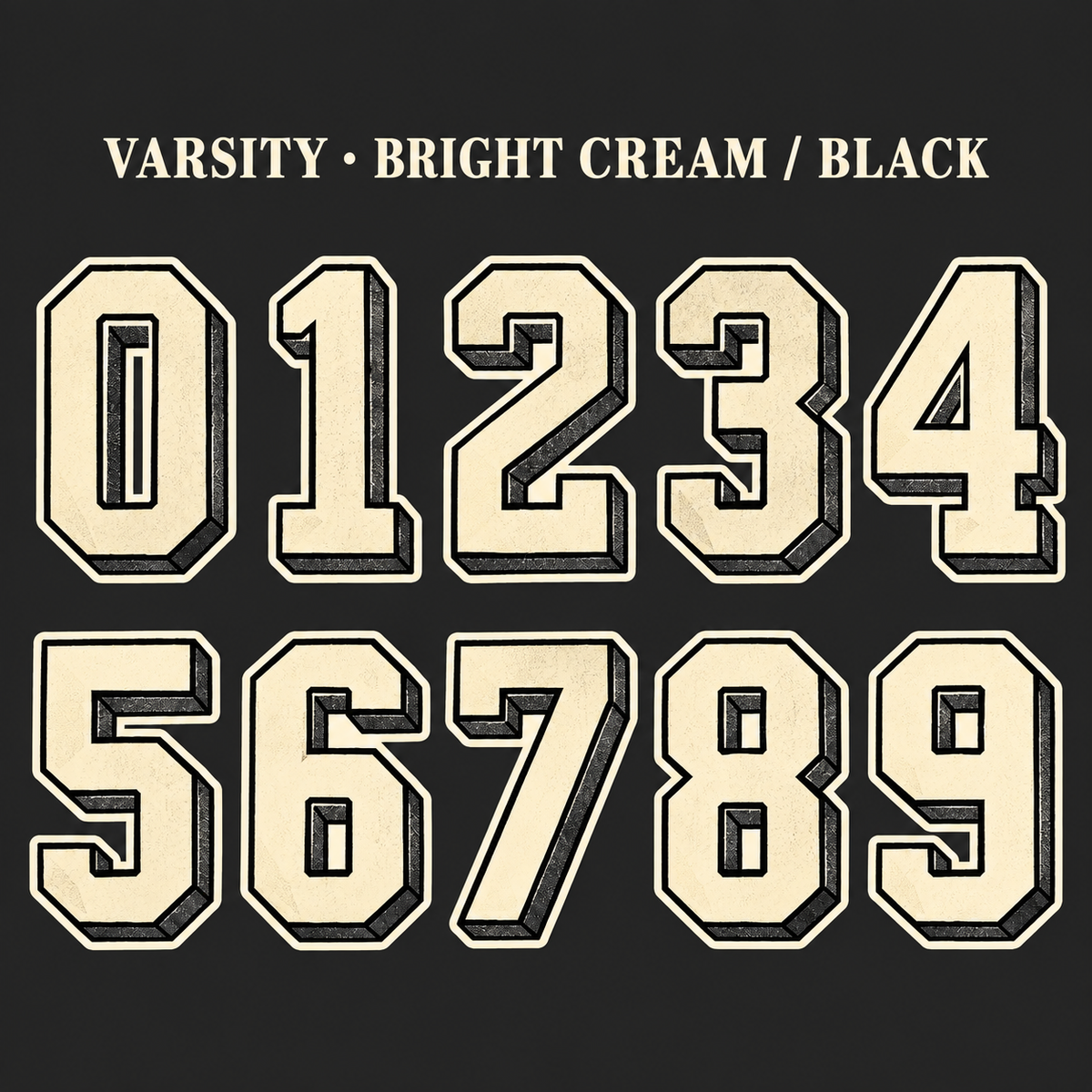 Varsity number sticker range 0–9 in Bright Cream / Black