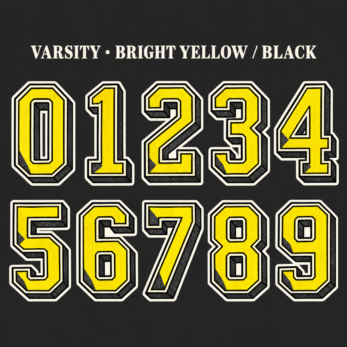 Varsity number sticker range 0–9 in Bright Yellow / Black
