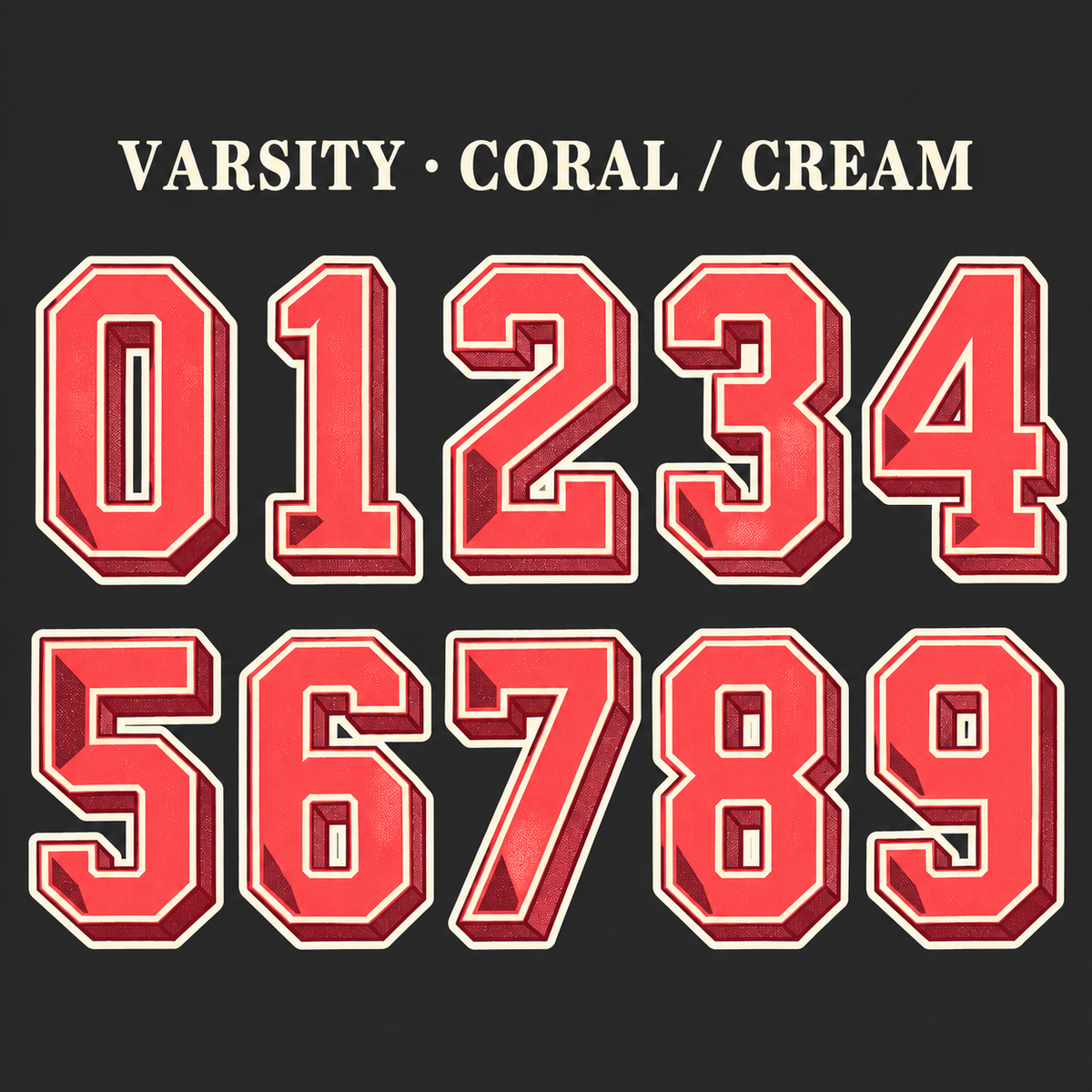 Varsity number sticker range 0–9 in Coral / Cream